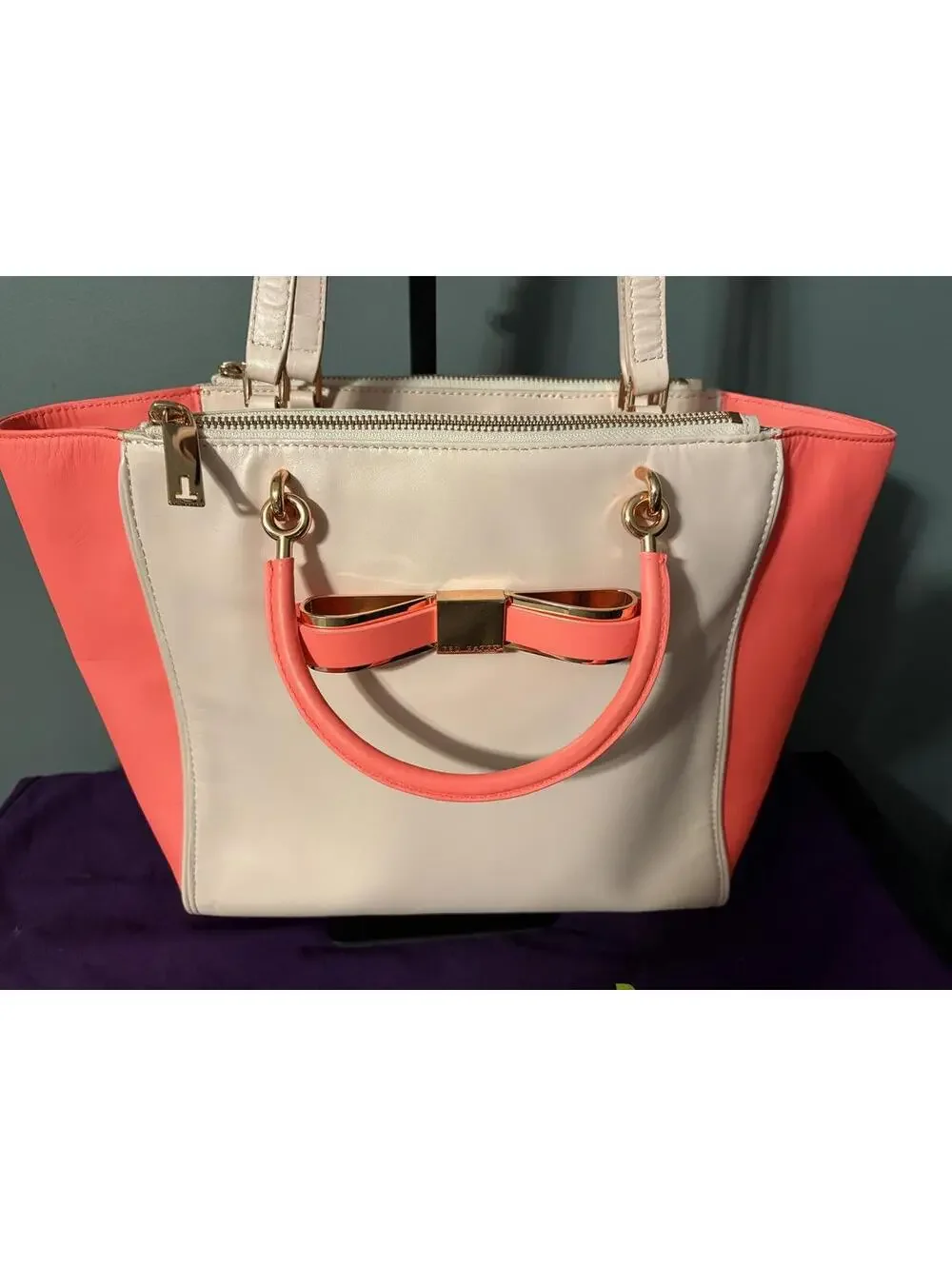 Ted Baker Pink & Coral Colorblock Leather Tote Bag with Rose Gold Bow